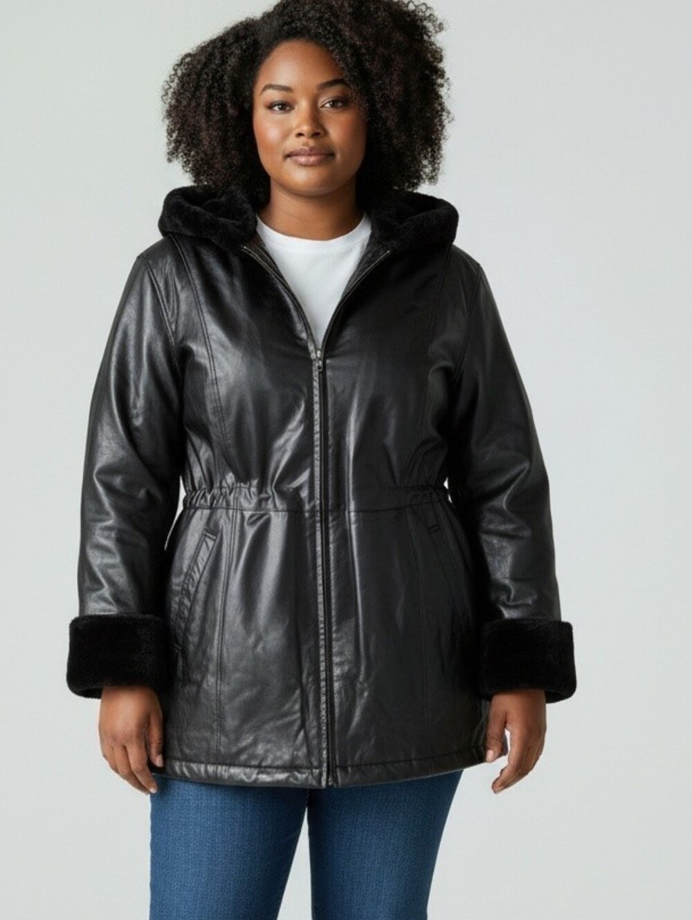 Woman Within 24W Black Genuine Leather Coat Faux Fur Lined Hooded Plus Size